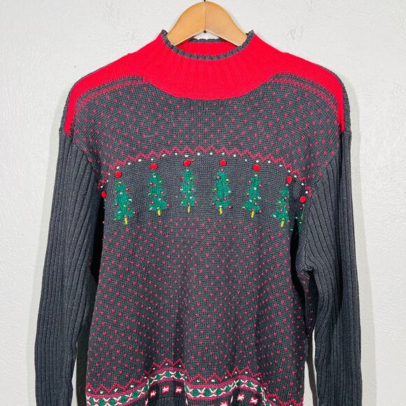 Villager Sport Classic Christmas Sweater Cowl NEck Black Red Tree Knit - XL - Picture 3 of 6